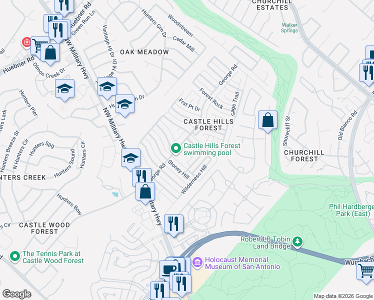 map of restaurants, bars, coffee shops, grocery stores, and more near 2303 Shady Crest Circle in San Antonio