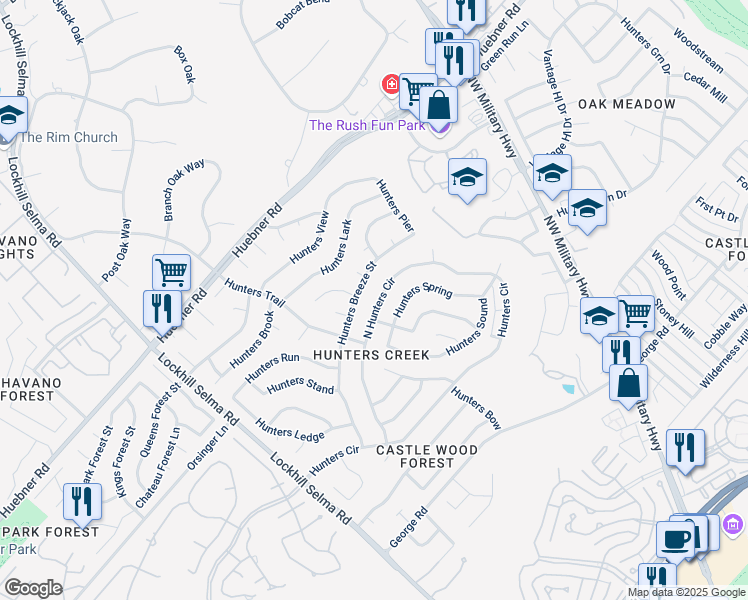 map of restaurants, bars, coffee shops, grocery stores, and more near 13119 North Hunters Circle in San Antonio