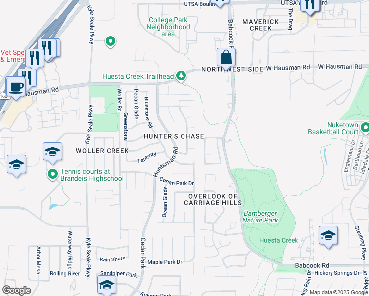 map of restaurants, bars, coffee shops, grocery stores, and more near 7318 Chainfire Circle in San Antonio