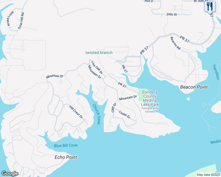 map of restaurants, bars, coffee shops, grocery stores, and more near 445 Mountain Drive in Lakehills