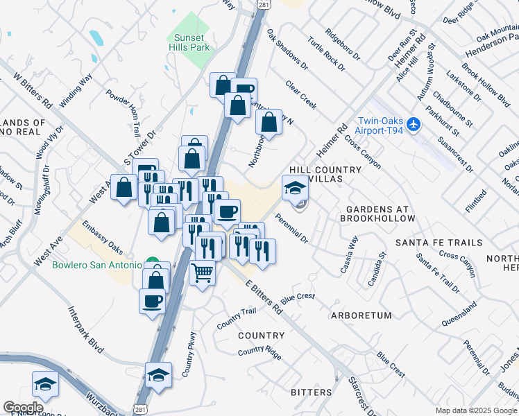 map of restaurants, bars, coffee shops, grocery stores, and more near 1066 Central Parkway South in San Antonio