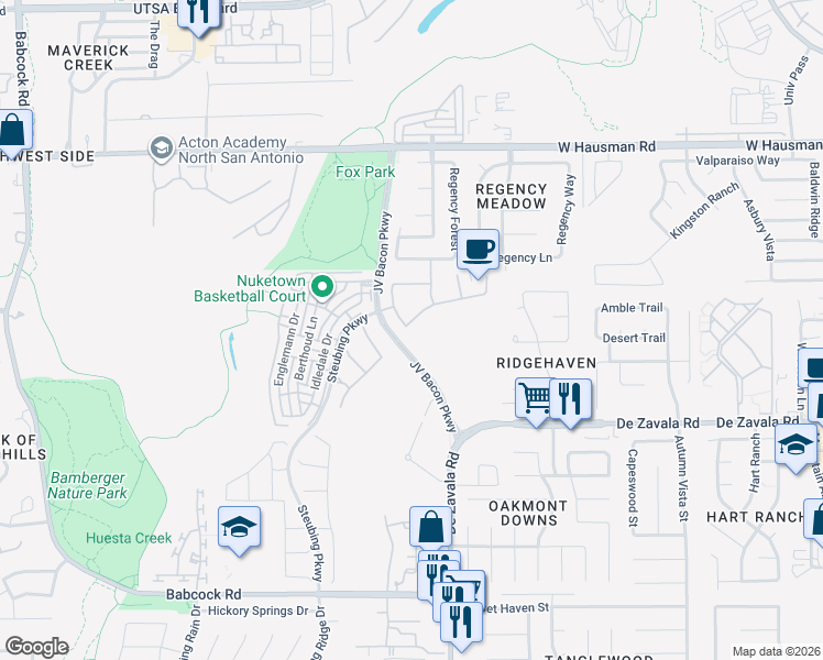 map of restaurants, bars, coffee shops, grocery stores, and more near 6626 Winding Farm in San Antonio