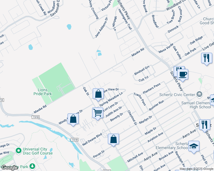 map of restaurants, bars, coffee shops, grocery stores, and more near 303 Crepe Myrtle Lane in Schertz