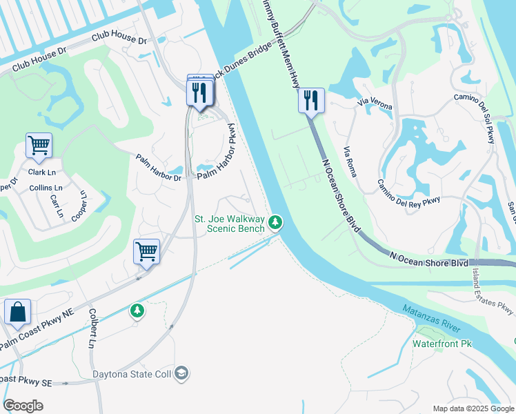 map of restaurants, bars, coffee shops, grocery stores, and more near 500 Canopy Walk Lane in Palm Coast