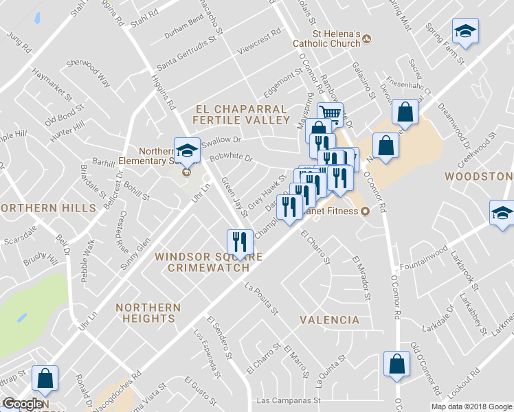 map of restaurants, bars, coffee shops, grocery stores, and more near 4926 Grey Hawk Street in San Antonio