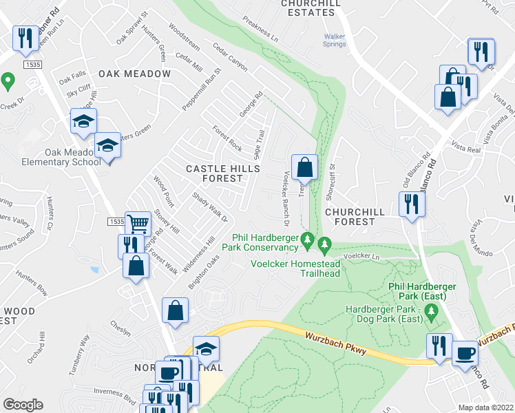 map of restaurants, bars, coffee shops, grocery stores, and more near 20323 Crescent Creek Drive in San Antonio
