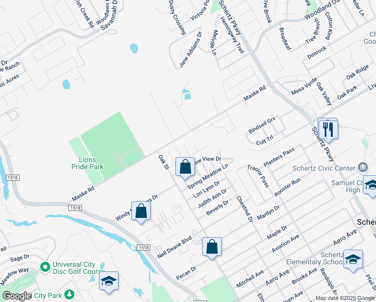 map of restaurants, bars, coffee shops, grocery stores, and more near 2169 Rose Sharon Drive in Schertz