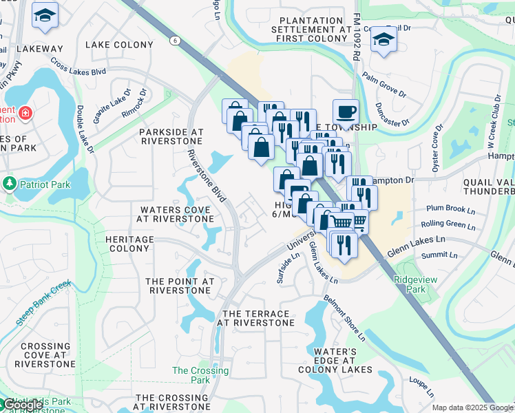 map of restaurants, bars, coffee shops, grocery stores, and more near 4315 Stonebrook Lane in Missouri City