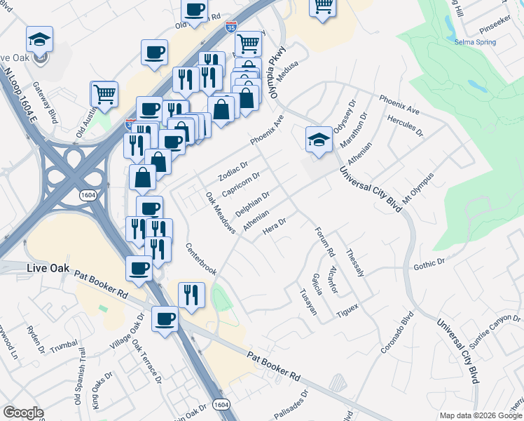 map of restaurants, bars, coffee shops, grocery stores, and more near 8331 Athenian Drive in Universal City