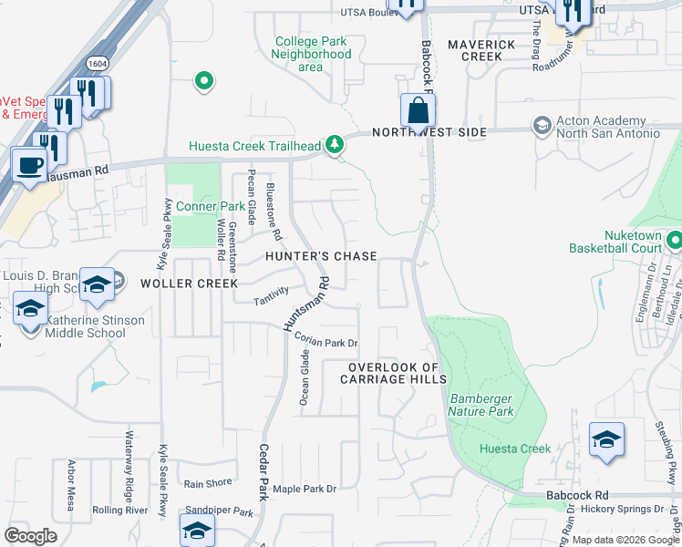 map of restaurants, bars, coffee shops, grocery stores, and more near 7318 Chainfire Circle in San Antonio