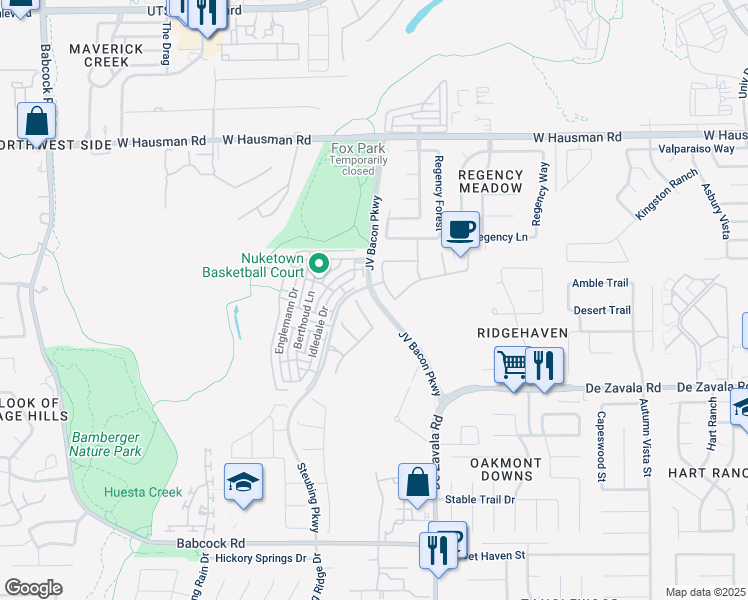 map of restaurants, bars, coffee shops, grocery stores, and more near 12807 JV Bacon Parkway in San Antonio
