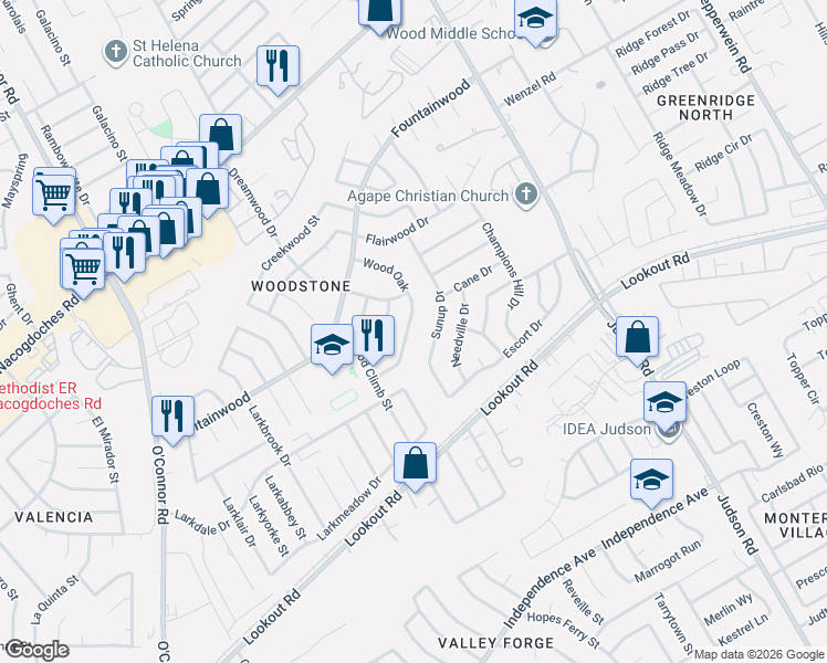 map of restaurants, bars, coffee shops, grocery stores, and more near 5654 Wood Oak in San Antonio