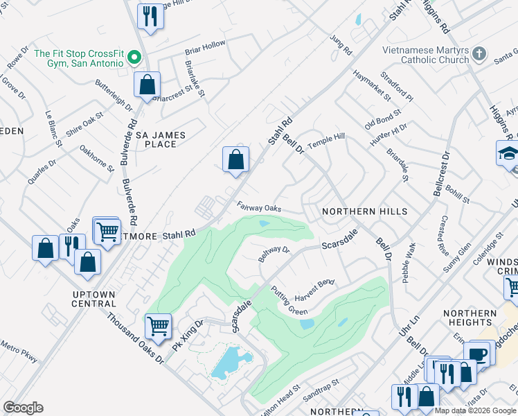 map of restaurants, bars, coffee shops, grocery stores, and more near 14206 Fairway Oaks in San Antonio