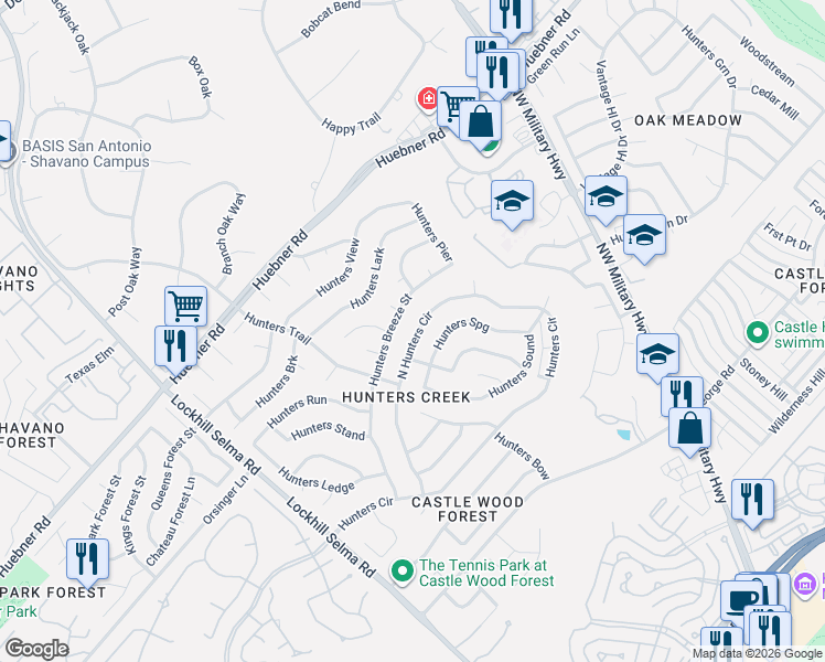map of restaurants, bars, coffee shops, grocery stores, and more near 13119 North Hunters Circle in San Antonio