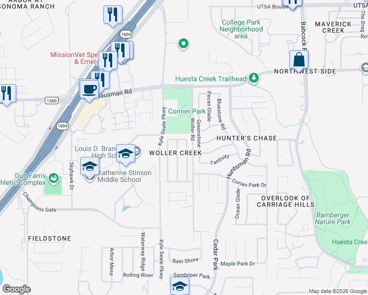 map of restaurants, bars, coffee shops, grocery stores, and more near 13114 Woller Creek in San Antonio