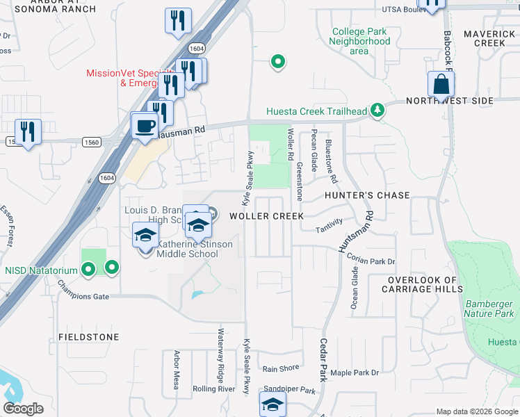 map of restaurants, bars, coffee shops, grocery stores, and more near 13135 Woller Path in San Antonio