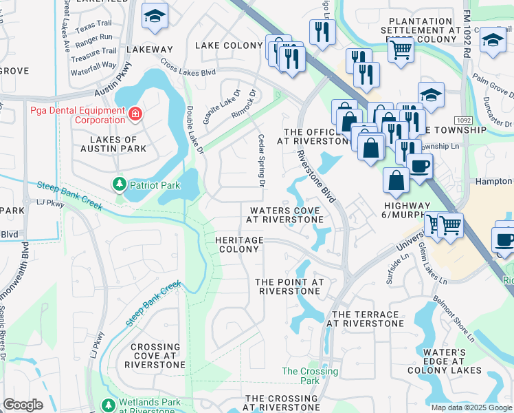 map of restaurants, bars, coffee shops, grocery stores, and more near 3614 Double Lake Drive in Missouri City