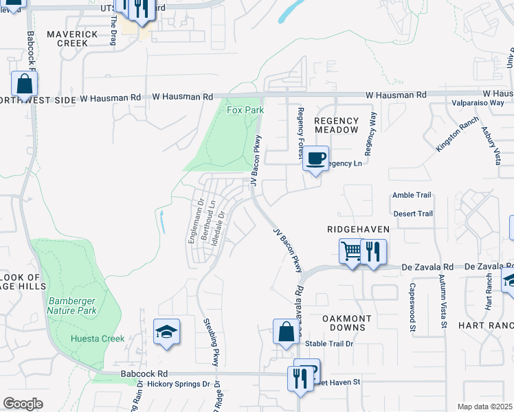 map of restaurants, bars, coffee shops, grocery stores, and more near 12807 JV Bacon Parkway in San Antonio