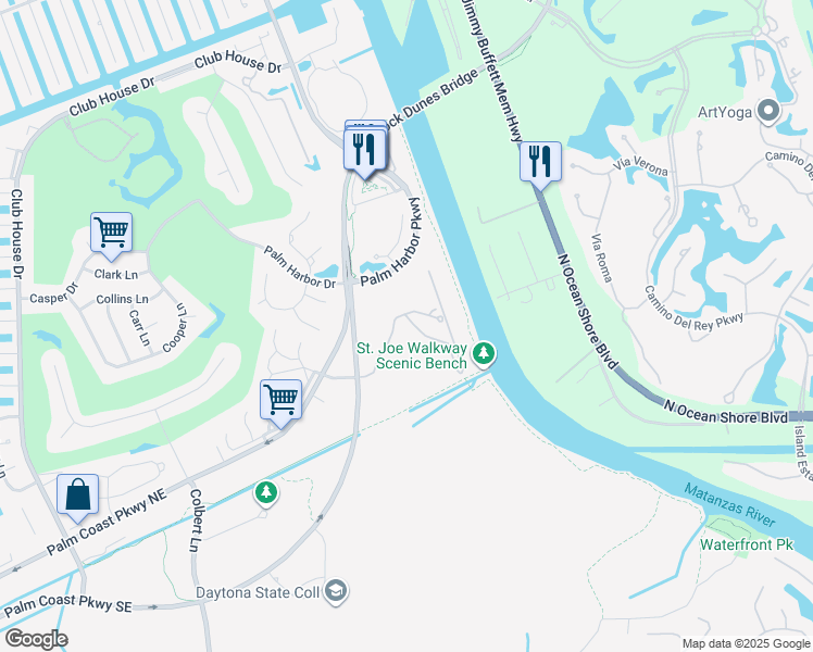 map of restaurants, bars, coffee shops, grocery stores, and more near 1400 Canopy Walk Lane in Palm Coast
