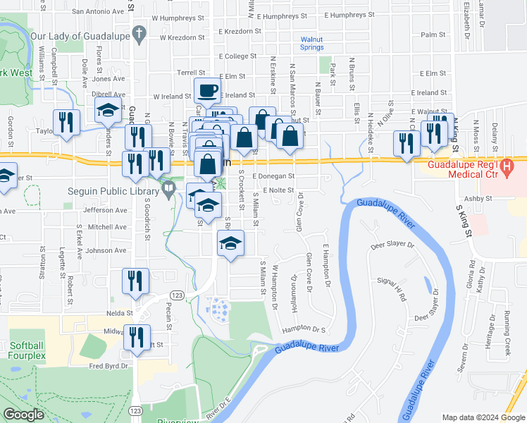 map of restaurants, bars, coffee shops, grocery stores, and more near 411 South Milam Street in Seguin