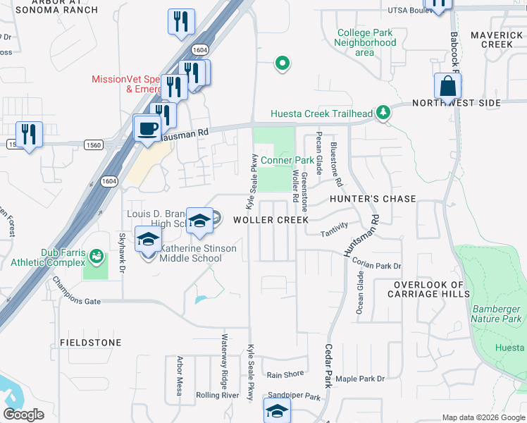 map of restaurants, bars, coffee shops, grocery stores, and more near 13135 Woller Path in San Antonio