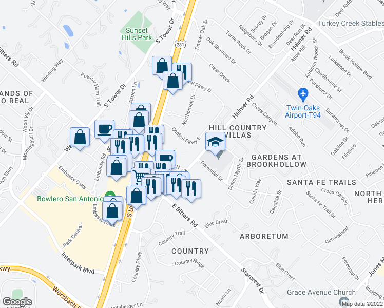 map of restaurants, bars, coffee shops, grocery stores, and more near 37 in San Antonio