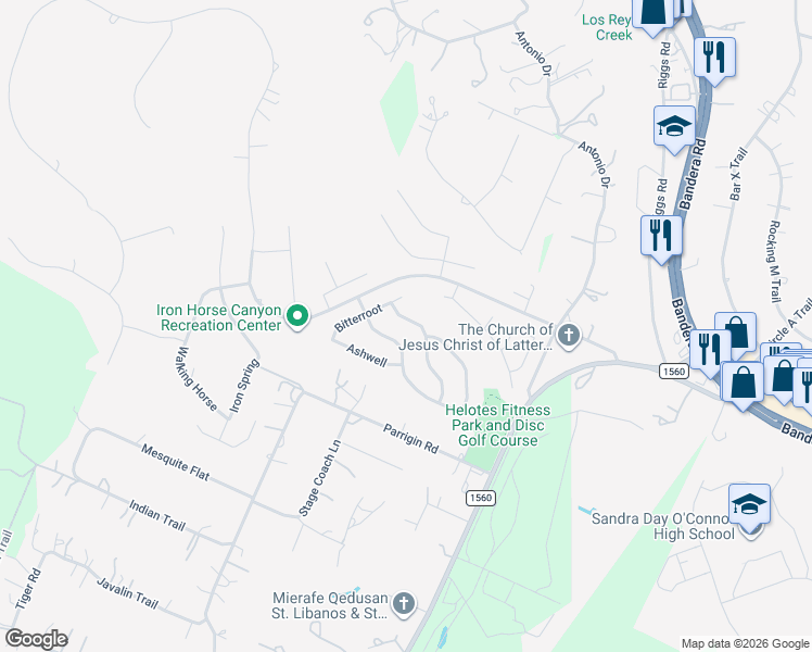 map of restaurants, bars, coffee shops, grocery stores, and more near 13119 Five Brooks in Helotes