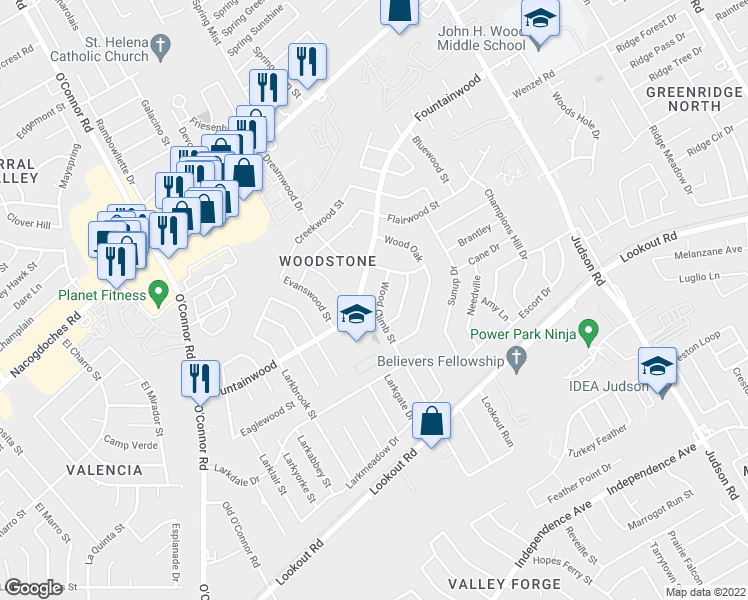 map of restaurants, bars, coffee shops, grocery stores, and more near 5647 Wood Climb Street in San Antonio