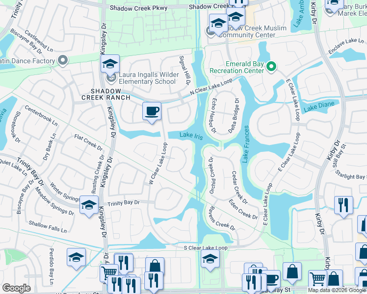 map of restaurants, bars, coffee shops, grocery stores, and more near 12305 Bayfront Court in Pearland