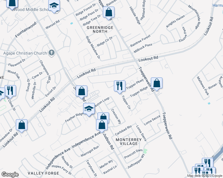 map of restaurants, bars, coffee shops, grocery stores, and more near 13715 Topper Circle in San Antonio