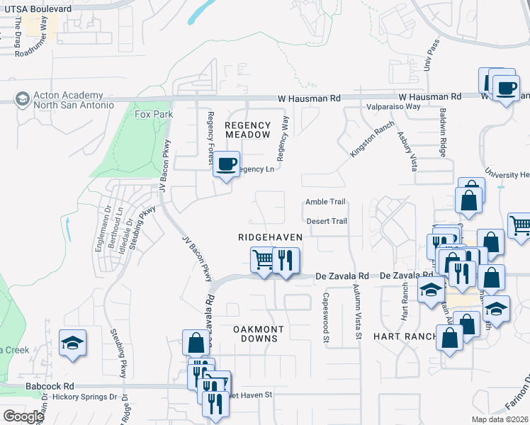 map of restaurants, bars, coffee shops, grocery stores, and more near 13006 Bristlewood in San Antonio