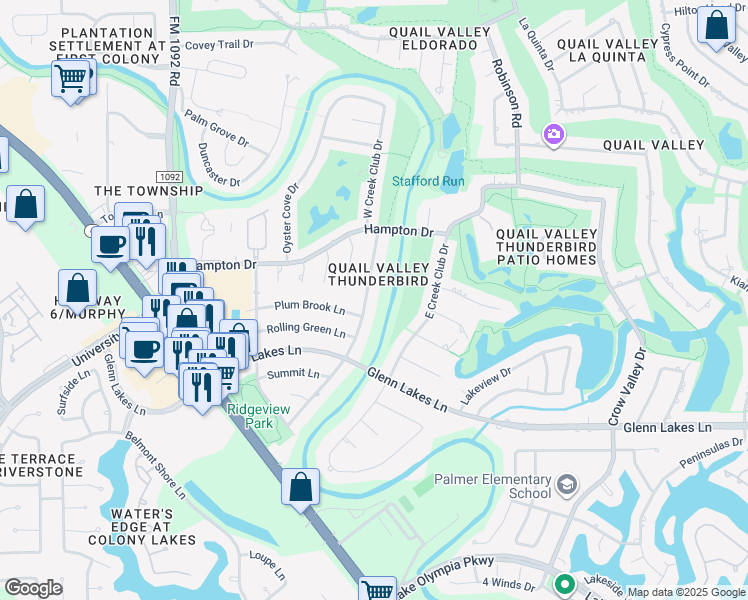 map of restaurants, bars, coffee shops, grocery stores, and more near 3614 West Creek Club Drive in Missouri City