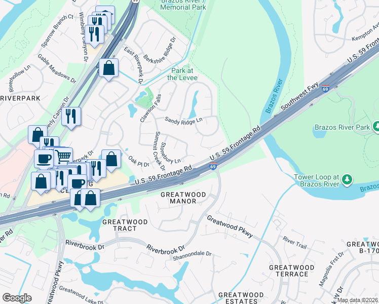 map of restaurants, bars, coffee shops, grocery stores, and more near 2723 Stonebury Lane in Sugar Land