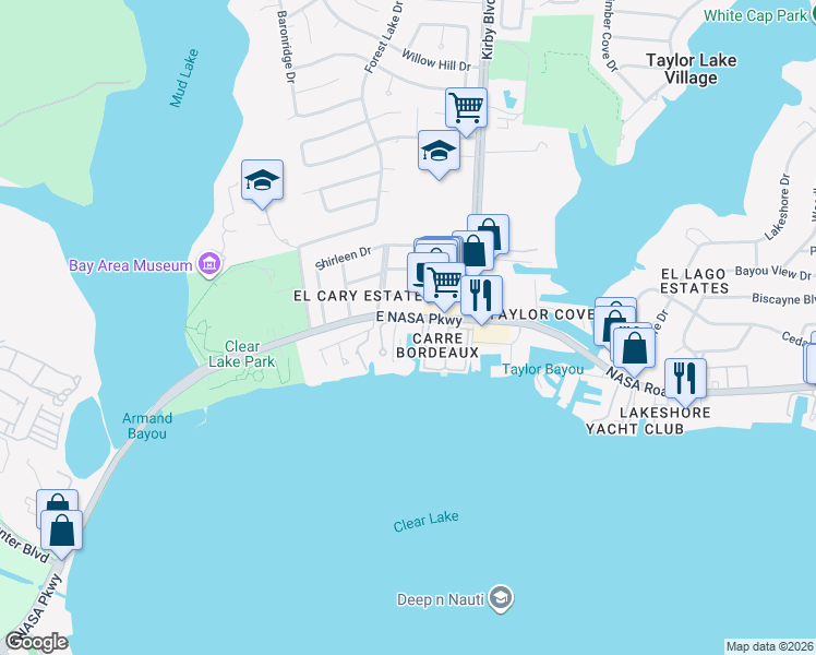 map of restaurants, bars, coffee shops, grocery stores, and more near 4550 NASA Road 1 in Seabrook