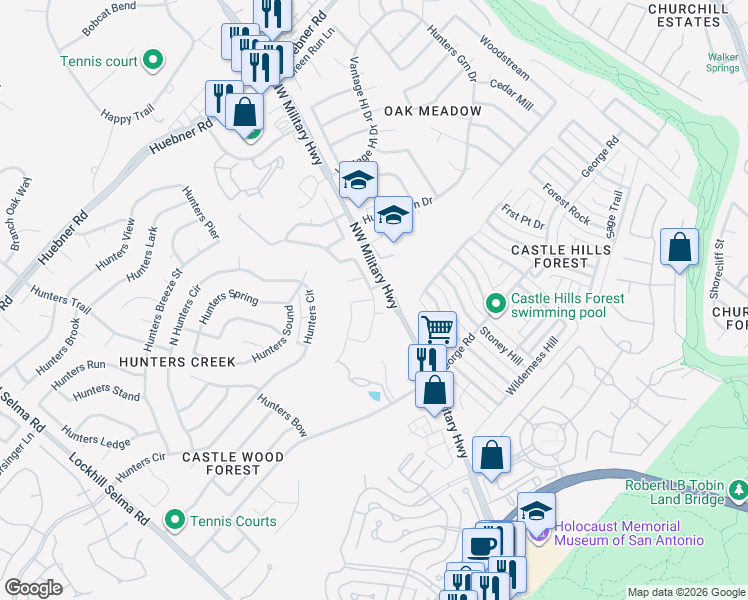 map of restaurants, bars, coffee shops, grocery stores, and more near 12131 Hunters Hideaway Street in San Antonio