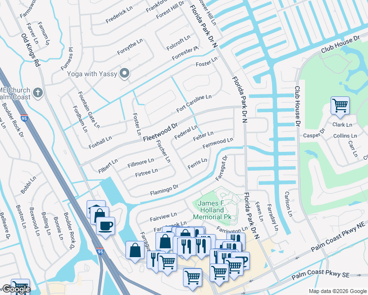 map of restaurants, bars, coffee shops, grocery stores, and more near 36 Felter Ln in Palm Coast