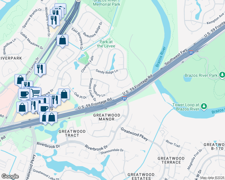 map of restaurants, bars, coffee shops, grocery stores, and more near 2723 Stonebury Lane in Sugar Land