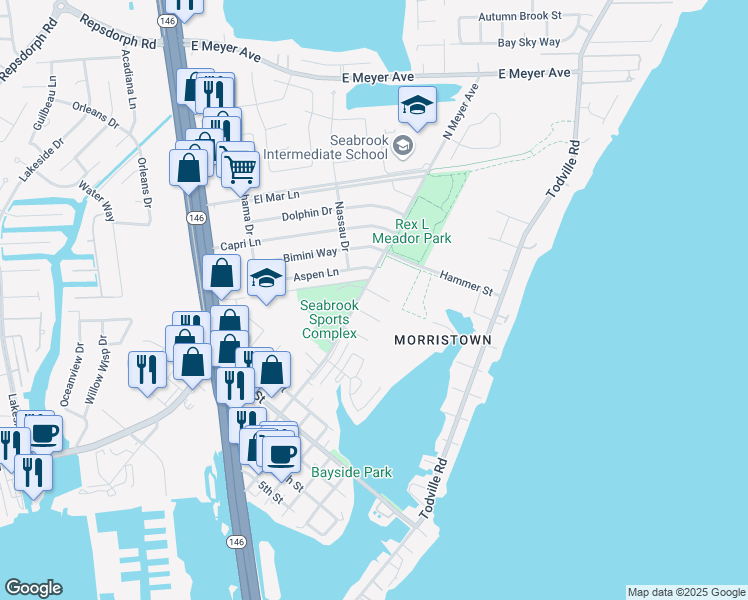 map of restaurants, bars, coffee shops, grocery stores, and more near 1421 Delabrook Court in Seabrook