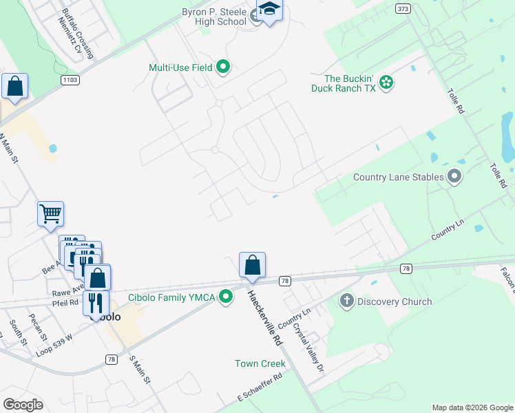 map of restaurants, bars, coffee shops, grocery stores, and more near 138 Farm to Market Road 78 in Cibolo