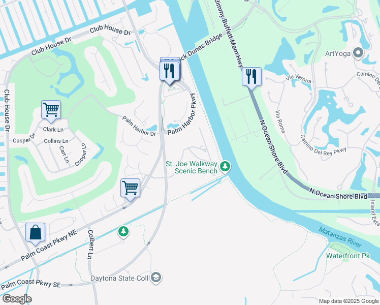 map of restaurants, bars, coffee shops, grocery stores, and more near 1400 Canopy Walk Lane in Palm Coast
