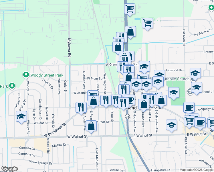 map of restaurants, bars, coffee shops, grocery stores, and more near 2225 North Washington Avenue in Pearland