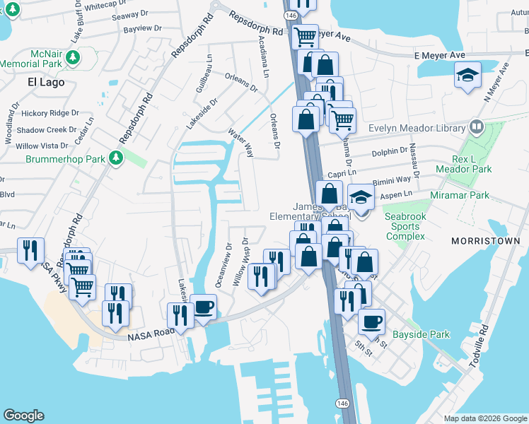 map of restaurants, bars, coffee shops, grocery stores, and more near 2119 Water Way in Seabrook