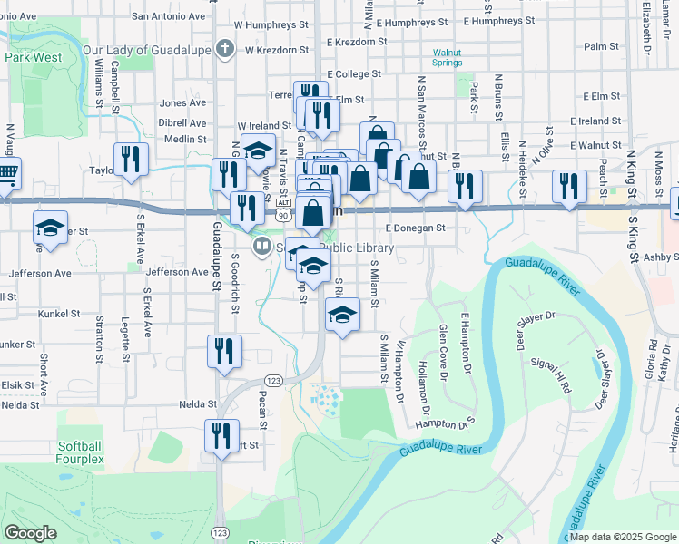 map of restaurants, bars, coffee shops, grocery stores, and more near 403 South River Street in Seguin