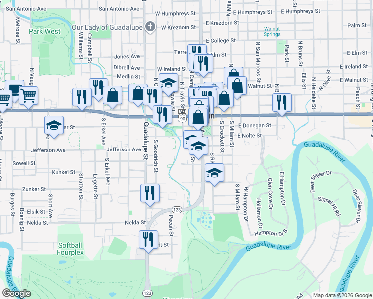 map of restaurants, bars, coffee shops, grocery stores, and more near 718 North Bowie Street in Seguin