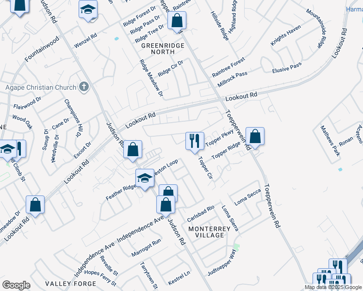 map of restaurants, bars, coffee shops, grocery stores, and more near 13715 Topper Circle in San Antonio