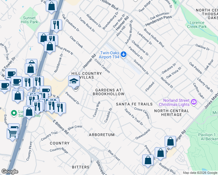map of restaurants, bars, coffee shops, grocery stores, and more near 1326 Tranquil Trail Drive in San Antonio