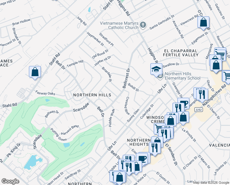 map of restaurants, bars, coffee shops, grocery stores, and more near 4527 Briargrove Street in San Antonio