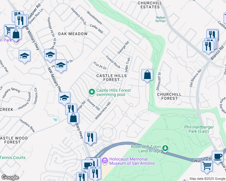 map of restaurants, bars, coffee shops, grocery stores, and more near 2270 Regency Point in San Antonio