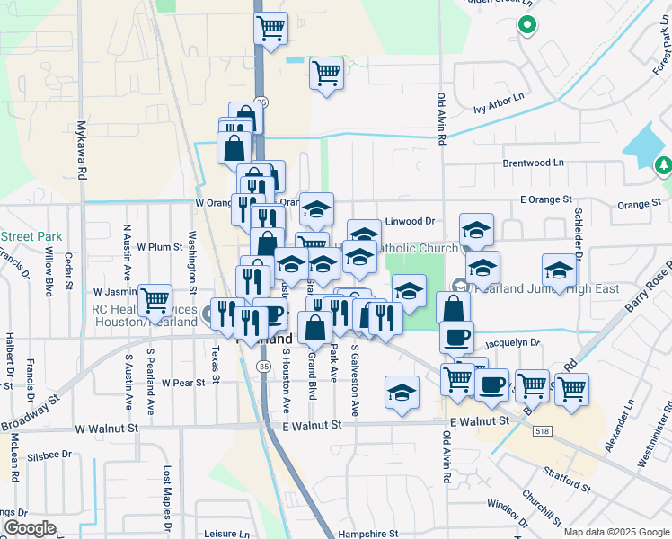 map of restaurants, bars, coffee shops, grocery stores, and more near 2218 Park Avenue in Pearland