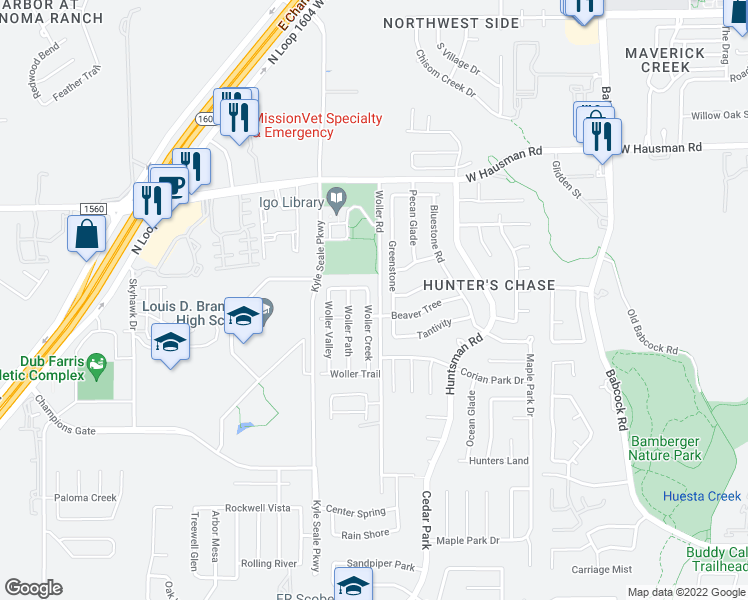 map of restaurants, bars, coffee shops, grocery stores, and more near 13114 Woller Creek in San Antonio